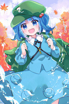 Rule 34 | 1girl, :d, autumn leaves, backpack, bag, blue eyes, blue hair, blue shirt, blue skirt, blunt bangs, blush, cloud, commentary request, day, eyelashes, frilled shirt collar, frills, hair bobbles, hair ornament, happy, highres, katsuragi atori, kawashiro nitori, key, leaf, long hair, long sleeves, maple leaf, no nose, open mouth, outdoors, shirt, skirt, skirt pocket, skirt set, sky, sleeve pouch, smile, solo, splashing, standing, touhou, twintails, water