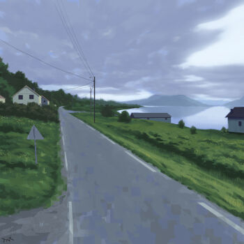 building commentary dated_commentary field highres house jn3 lake landscape no_humans original overcast power_lines road road_sign scenery sign sky utility_pole water