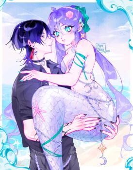 1boy 1girl ahoge alternate_costume alternate_species aqua_eyes aqua_nails arm_tattoo artist_name bare_shoulders beads bikini bird black_choker black_nails black_shirt black_sleeves blue_eyes blue_sky blunt_ends border breasts carrying casual choker closed_mouth cloud cloudy_sky collared_shirt commentary contemporary crescent_ornament curly_ends ear_piercing earrings english_commentary eyeliner fins fish_tail foxtrot_(foxtrot_xx) genshin_impact grey_pants hair_intakes hair_ornament hands_on_another's_ass head_fins highres jewelry long_hair looking_at_another makeup mermaid mitsudomoe_(shape) mona_(genshin_impact) monster_girl navel neck_tattoo open_collar outdoors pants parted_lips piercing pink_lips princess_carry purple_hair red_eyeliner scaramouche_(genshin_impact) seaweed shell shell_bikini shell_hair_ornament shirt shore short_sleeves sidelocks sky slit_pupils small_breasts star_(symbol) star_earrings strapless strapless_bikini swimsuit tail tassel tassel_earrings tattoo tomoe_(symbol) tsurime very_long_hair white_border white_mouth