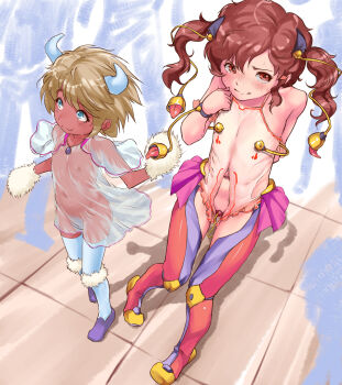 2girls 4others absurdres blue_eyes brown_hair capelet commission cosplay dark-skinned_female dark_skin embarrassed exhibitionism female_focus flat_chest full_body gekkou_(geccomajin) highres horns loli multiple_girls multiple_others navel nipples original pasties public_indecency pussy pussy_peek red_eyes revealing_clothes see-through_clothes short_hair smile standing tearing_up twintails walking