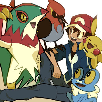 1boy :d absurdres ash_ketchum baseball_cap bird black_hair black_shirt blue_jacket brown_eyes brown_sclera claws closed_eyes colored_sclera commentary_request fangs fletchinder froakie gen_1_pokemon gen_6_pokemon grey_pants hat hawlucha highres jacket male_focus nintendo on_shoulder open_mouth ottoyamaotoko8 pants pikachu pokemon pokemon_(anime) pokemon_(creature) pokemon_on_arm pokemon_on_shoulder pokemon_xy_(anime) red_hat shirt short_hair short_sleeves simple_background sitting smile standing teeth upper_teeth_only white_background yellow_eyes