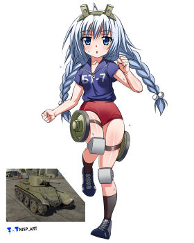 1girl absurdres ahoge blue_eyes blue_shirt braid bt-7 buruma character_name clothes_writing headgear highres knee_pads low_twintails military_vehicle motor_vehicle nisp_art personification red_buruma running russian_text shirt shirt_writing simple_background soviet_army tank thigh_strap twintails underwear vehicle_and_personification war_thunder watermark wheel white_background white_hair zipper zipper_pull_tab