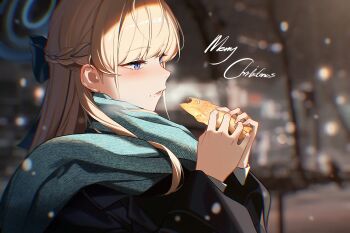 1girl absurdres blonde_hair blue_archive blue_eyes blue_scarf blurry blurry_background braid crumbs dong_(art_woodong) eating food halo highres holding holding_food portrait scarf snowing toki_(blue_archive)