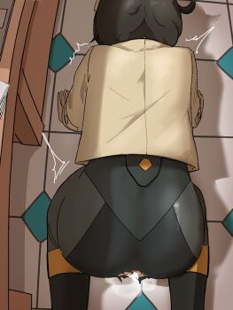 1girl ^^^ aftersex all_fours black_bodysuit black_hair bodysuit bodysuit_under_clothes commentary_request cum cumdrip desk emma_(pokemon) from_above highres indoors jacket long_sleeves nintendo pokemon pokemon_legends:_z-a riyoukani shadow short_hair solo torn_bodysuit torn_clothes trembling yellow_jacket