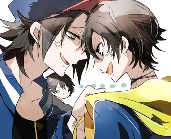 ... 3boys :d =_= anger_vein annoyed baseball_cap black_choker black_hair black_shirt blue_hat blue_jacket brothers buster_bros!!! choker closed_mouth clothes_grab collarbone curtained_hair dot_mouth eye_contact faceoff forehead-to-forehead from_side glaring grey_eyes hair_between_eyes hat heads_together hood hood_down hoodie hypnosis_mic jacket jacket_over_hoodie long_bangs looking_at_another male_focus medium_hair mole mole_under_eye multiple_boys multiple_moles no_mole open_mouth pale_skin parted_bangs profile raised_inner_eyebrows red_hat shaded_face shirt shirt_grab short_hair shumiko_(kamenokoueki) siblings simple_background sketch smile stare_down two-tone_hat v-shaped_eyebrows white_background yamada_ichiro yamada_jiro yamada_saburo yellow_eyes yellow_hoodie