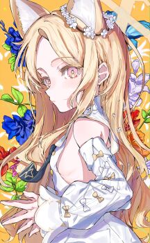 1girl animal_ears bare_shoulders black_necktie blonde_hair blue_archive closed_mouth clothing_cutout commentary_request detached_sleeves extra_ears flower fox_ears fox_girl from_side hair_ornament halo hanozuku highres leaf looking_at_viewer necktie own_hands_together pink_eyes ribbon seia_(blue_archive) side_cutout sidelocks solo white_sleeves yellow_background