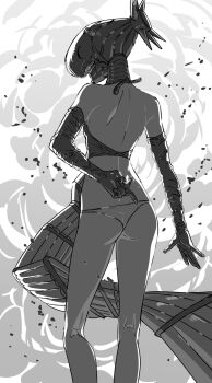 1girl apron arm_behind_back ass backless_outfit bare_shoulders black_gloves bomb bomb_devil_(chainsaw_man) breasts chainsaw_man commentary_request crop_top elbow_gloves explosion explosion_background explosive facing_away feet_out_of_frame from_behind gloves greyscale highres hozumi_ayaka medium_breasts monochrome panties reze_(chainsaw_man) snapping_fingers solo teeth underwear white_panties