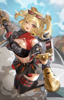 Rule 34 | 1girl, artist name, black jacket, black skirt, black thighhighs, blonde hair, breasts, burnice white, cleavage, cloud, cloudy sky, commentary, crop top, cropped jacket, eyewear on head, flamethrower, hair ornament, highres, holding, holding flamethrower, holding weapon, jacket, jumping, large breasts, navel, one eye closed, open clothes, open jacket, open mouth, outdoors, red-tinted eyewear, red eyes, rity, single bare shoulder, single off shoulder, skirt, sky, smile, solo, stomach, thighhighs, tinted eyewear, twintails, twitter username, weapon, zenless zone zero