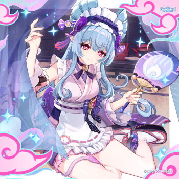 Rule 34 | 1girl, absurdres, animal ears, apron, bell, black choker, blue hair, blush, choker, closed mouth, commentary, english commentary, fingernails, frilled hairband, frills, genshin impact, hair between eyes, hairband, hand fan, hands up, highres, holding, holding fan, japanese clothes, jewelry, kimono, long hair, long sleeves, looking at viewer, nail polish, neck bell, nihongami, official art, pink kimono, pointy ears, purple eyes, purple nails, sandals, sitting, smile, socks, solo, symbol-shaped pupils, tabi, tail around own leg, tapir ears, tapir girl, very long hair, white apron, white socks, yokozuwari, yumemizuki mizuki