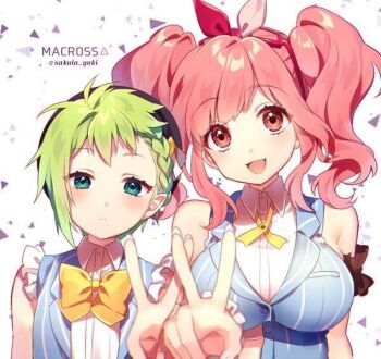 10s 2girls blue_eyes breasts flat_chest green_hair hacker ichinose_yukino jpeg_artifacts large_breasts macross macross_delta makina_nakajima md5_mismatch multiple_girls pink_hair reina_prowler resized sakula_yuki
