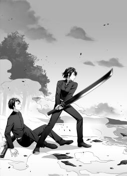 Rule 34 | 1boy, 1girl, absurdres, abyssal admiral (kancolle), admiral (kancolle), breasts, collared shirt, commentary request, fighting stance, greyscale, highres, holding, holding sword, holding weapon, huge weapon, kana haruki, kantai collection, medium breasts, monochrome, nakama saori, ocean, original, pants, protecting, shirt, short hair, sitting, sword, tree, weapon