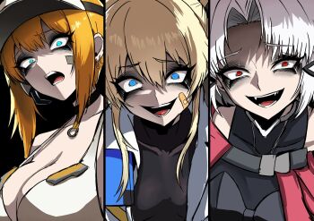3girls armband armored_bodysuit armored_gloves armored_legwear armored_leotard bandaid bandaid_on_cheek bandaid_on_face blonde_hair blue_eyes breasts drake_(nikke) gloves goddess_of_victory:_nikke highres laplace_(nikke) leotard long_hair matis_(nikke) maxwell_(nikke) multiple_girls multiple_piercings nagainegi open_mouth red_eyes short_hair smile sports_bra twintails white_hair white_sports_bra yellow_armband