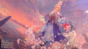 1girl absurdres alice_margatroid bird blonde_hair blue_overskirt capelet closed_eyes cloud cloudy_sky doll dusk dutch_angle halberd highres knight outdoors own_hands_clasped own_hands_together petals polearm scenery seagull shawl short_hair skirt sky touhou water weapon white_capelet white_shawl white_skirt xiuchundao
