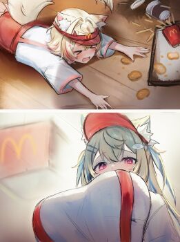 &gt;_&lt; 2girls absurdres animal_ear_fluff animal_ears apu_spills_his_tendies_(meme) backlighting blonde_hair blue_hair breasts chicken_nuggets commentary cup disposable_cup dog_ears dog_tail food french_fries fuwawa_abyssgard hat highres hololive hololive_english huge_breasts indoors long_hair looking_at_another maru_ccy mcdonald&#039;s meme mococo_abyssgard multiple_girls on_floor pink_eyes red_hat shirt short_hair short_sleeves siblings sisters symbol-only_commentary tail tearing_up virtual_youtuber visor_cap white_shirt