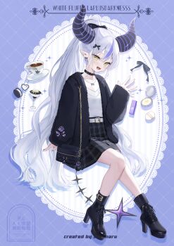 1girl :d absurdres ahoge alternate_costume alternate_hairstyle belt black_boots black_collar black_horns black_jacket black_skirt boots bow bow_earrings collar commentary_request cup demon_horns double-parted_bangs earrings full_body fur_jacket grey_hair high_heel_boots high_heels highres hololive horns jacket jewelry la+_darknesss long_hair long_sleeves looking_at_viewer miniskirt multicolored_hair open_mouth piyokuma plaid_clothes plaid_skirt pointy_ears ponytail purple_hair single_hair_streak skirt sleeves_past_wrists slit_pupils smile solo streaked_hair striped_horns sweater sweater_tucked_in tail v-neck very_long_hair virtual_youtuber waving white_belt white_sweater yellow_eyes