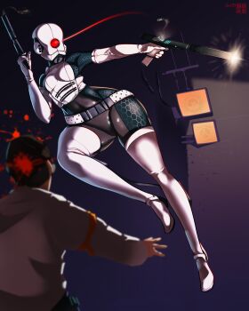 1boy 1girl absurdres aperture_science_advanced_knee_replacement blood blood_splatter bodysuit combine_assassin cyborg dual_wielding full_body groin gun half-life_(series) handgun helmet highres holding holding_gun holding_weapon lart173 looking_at_viewer looking_back monitor one-eyed red_eyes skin_tight solo suppressor weapon wide_hips