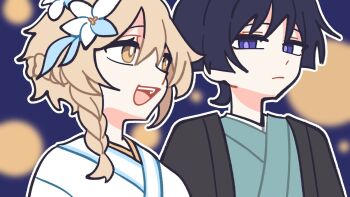 Rule 34 | 1boy, 1girl, alternate costume, aqua kimono, black hair, black haori, blonde hair, blue background, blue flower, blunt ends, blurry, blurry background, braid, braided sidelock, bright pupils, closed mouth, commentary, english commentary, flower, genshin impact, hair flower, hair ornament, half-closed eyes, haori, hetero, highres, japanese clothes, kimono, looking at another, lumine (genshin impact), multicolored flower, open mouth, outline, purple eyes, purple pupils, remhotaru, scaramouche (genshin impact), short hair, short hair with long locks, sidelocks, teeth, upper teeth only, white flower, white kimono, white outline, white pupils, wispy bangs, yellow eyes