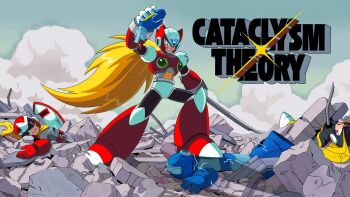 4boys amputee android arm_cannon armor bass_(mega_man) battle_damage black_armor black_helmet blonde_hair blue_bodysuit blue_gloves blue_helmet bodysuit brothers chest_jewel clenched_teeth commission damaged death facial_mark feet_on_another's_head forehead_jewel gloves grey_bodysuit helmet highres holding holding_lead_pipe jewelry lead_pipe long_hair looking_back male_focus mega_man_(character) mega_man_(classic) mega_man_(series) mega_man_unlimited mega_man_x_(series) multiple_boys ponytail proto_man red_armor red_gloves red_helmet robot scarf shield siblings sprinqgueen teeth very_long_hair weapon white_gloves wreckage yellow_scarf zero_(mega_man)