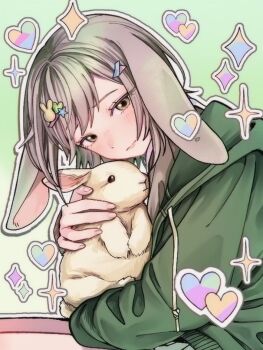 1girl animal animal_ears bare_legs blush closed_mouth commentary_request drawstring from_side green_background green_eyes green_jacket grey_hair grey_shirt hair_ornament hairclip hands_up heart heart_hair_ornament hinomori_shiho holding holding_animal holding_rabbit hood hood_down hooded_jacket jacket korean_commentary long_sleeves looking_at_viewer lop_rabbit_ears pleated_skirt project_sekai rabbit rabbit_ears rabbit_girl rabbit_hair_ornament shirt short_hair sidelocks simple_background skirt solo sparkle star_(symbol) star_hair_ornament swept_bangs turning_head upper_body zeoksang