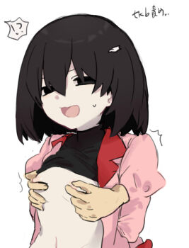 1girl black_eyes black_hair bob_cut breasts clothes_lift covered_erect_nipples empty_eyes grabbing_from_behind hair_between_eyes jacket lapels long_sleeves looking_at_viewer molestation monogatari_(series) naoetsu_high_school_uniform narrowed_eyes nervous_sweating nipple_stimulation notched_lapels open_mouth oshino_ougi pale_skin pink_jacket red_trim school_uniform shirt shirt_lift short_hair simple_background small_breasts smile sweat sweatdrop tongue tsugumi_(tgm_615486) undershirt upper_body very_long_sleeves white_background