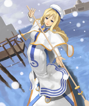 Rule 34 | 00s, 1girl, alicia florence, aria (manga), blonde hair, blue eyes, boat, dress, female focus, hat, high collar, highres, kuroko (piii), long hair, snow, solo, water, watercraft