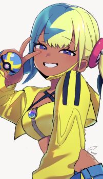 1girl bandeau blue_eyes blue_pants canari_(pokemon) cropped_jacket eyelashes grin hand_up happy highres holding holding_poke_ball holding_with_gesture hood hood_down hooded_jacket jacket long_sleeves looking_at_viewer mask mask_pull meru_merume603 mixed-language_commentary mouth_mask multicolored_hair nail_polish nintendo open_clothes open_jacket pants poke_ball pokemon pokemon_legends:_z-a quick_ball short_twintails signature smile solo teeth twintails upper_body v white_background yellow_bandeau yellow_jacket zipper zipper_pull_tab