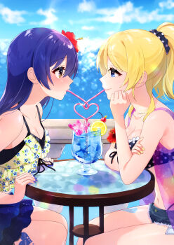 2girls absurdres arm_support ayase_eli bikini blonde_hair blue_eyes blue_hair blush commentary_request crazy_straw day drink drinking drinking_straw food from_side fruit hair_between_eyes heart_straw highres lemon lemon_slice long_hair looking_at_another love_live! love_live!_school_idol_project multiple_girls nail_polish nanatsu_no_umi outdoors ponytail scrunchie shared_drink shared_straw sharing sitting sonoda_umi staring staring_contest swimsuit tropical_drink yellow_eyes yuri