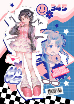 Rule 34 | 1girl, absurdres, bandaid on thigh, black hair, black jacket, breasts, brown eyes, camisole, character name, commentary request, donut, eating, food, hair ribbon, heart, heart necklace, highres, holding, holding donut, holding food, idolmaster, idolmaster million live!, jacket, jewelry, leg warmers, long sleeves, looking at viewer, multiple views, nail polish, necklace, open clothes, open jacket, open mouth, parted bangs, pink camisole, pink shoes, purple nails, ribbon, shoes, short hair with long locks, skirt, small breasts, takayama sayoko, teeth, upper teeth only, white leg warmers, white ribbon, white skirt, yatatashira