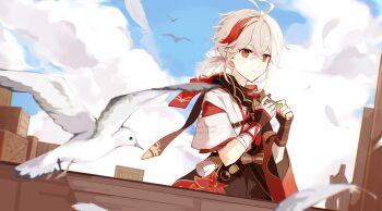 Rule 34 | 1boy, antenna hair, bandaged arm, bandaged hand, bandages, bird, black gloves, blue sky, closed mouth, cloud, commentary, crate, crossed bangs, day, feathers, fingerless gloves, genshin impact, gloves, hair between eyes, highres, holding, holding leaf, huhu norii, japanese clothes, kaedehara kazuha, kimono, leaf, looking at viewer, male focus, medium hair, multicolored hair, outdoors, ponytail, red eyes, red streaks, scarf, seagull, sky, smile, solo, streaked hair, symbol-only commentary, upper body, white feathers, white hair