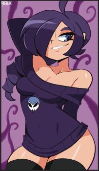 Rule 34 | bare shoulders, bigdead, black thighhighs, blue eyes, breasts, cleavage, drill hair, hair ornament, hair over one eye, highres, long hair, off-shoulder, off-shoulder sweater, off shoulder, original, purple hair, sweater, thighhighs, zone-tan