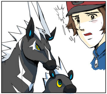 1boy blitzle brown_hair gen_5_pokemon hilbert_(pokemon) kuso_miso_technique lowres mixhot nintendo parody pokemon pokemon_bw zebstrika