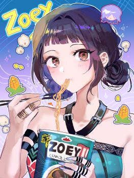 Rule 34 | 1girl, absurdres, black hair, blunt bangs, blush, character name, chibi, chibi inset, chopsticks, collarbone, commentary, corner, cup, instant cup noodles, double bun, eating, fingernails, food, hair bun, highres, holding, holding cup, instant cup noodles, instant noodles, jewelry, kpop demon hunters, looking at viewer, mystery (kpop demon hunters), nail polish, popcorn, ring, suju0813, upper body, zoey (kpop demon hunters)