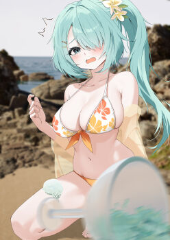 1girl ^^^ absurdres aqua_hair armpit_crease awnw bare_shoulders beach bikini blue_archive breasts cleavage commentary_request floral_print floral_print_bikini flower food hair_flower hair_ornament hair_over_one_eye hairclip highres hiyori_(blue_archive) hiyori_(swimsuit)_(blue_archive) ice_cream jacket large_breasts long_hair navel no_halo official_alternate_costume orange_bikini paid_reward_available print_bikini see-through_clothes see-through_jacket side_ponytail solo stomach swimsuit tearing_up twitter_username
