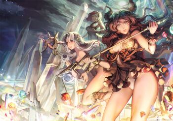 3girls bare_shoulders black_hair breasts caesty cleavage commentary_request crystal dress fantasy gem horns lips long_hair looking_at_viewer multiple_girls nose original pinky_out polearm revision short_hair silver_hair spear staff strapless strapless_dress thighs weapon
