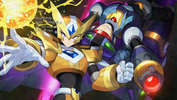 2boys arm_cannon armor assault_visor black_armor black_helm capelet chest_jewel dynamo_(mega_man) electricity forehead_jewel gate_(mega_man) gold_armor gold_helmet grey_hair long_hair mega_man_(series) mega_man_x6 mega_man_x_(series) multiple_boys red-tinted_eyewear rotational_symmetry tinted_eyewear upside-down weapon white_capelet yamanashi_taiki