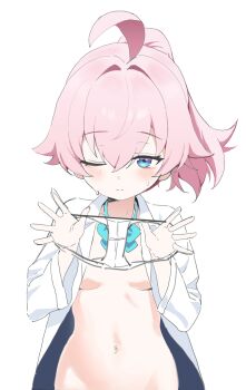 1girl absurdres ahoge aqua_bow aqua_bowtie bags_under_eyes blue_archive blue_eyes blush bow bowtie breasts closed_mouth collarbone collared_shirt groin hair_between_eyes hands_up highres holding holding_panties holding_underwear holding_unworn_clothes hoshino_(blue_archive) huge_ahoge loli looking_at_viewer loose_bowtie naked_shirt navel no_halo one_eye_closed open_clothes open_shirt out-of-frame_censoring panties pink_hair ponytail quel_(quel1111) shirt short_hair simple_background small_breasts smile solo split_mouth standing stomach sweatdrop unbuttoned underwear upper_body white_background white_panties white_shirt