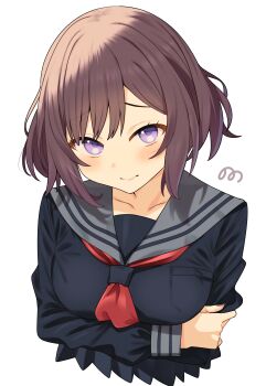 Rule 34 | 07nono06, absurdres, alternate costume, arm under breasts, artist name, black shirt, blush, breasts, brown hair, collarbone, cropped torso, gakuen idolmaster, grey sailor collar, highres, idolmaster, looking at viewer, medium breasts, neckerchief, neo asari, purple eyes, red neckerchief, sailor collar, school uniform, serafuku, shirt, short hair, signature, simple background, upper body, white background