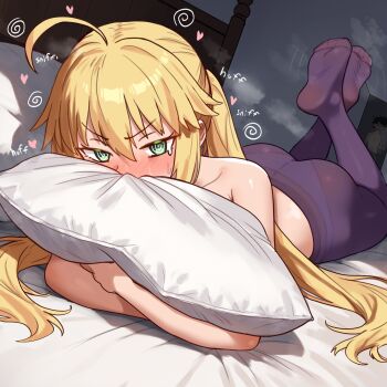 1boy 1girl @_@ absurdres ahoge artoria_caster_(fate) artoria_pendragon_(fate) blonde_hair blush ebora fate/grand_order fate_(series) feet feet_up fujimaru_ritsuka_(male) green_eyes highres long_hair lying no_shoes on_stomach pantyhose purple_pantyhose smell smelling soles solo steam steaming_body toes topless_female twintails