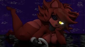 1girl 3d ass breasts completely_nude curtains curvy eyepatch fexa_(cryptia) five_nights_at_freddy&#039;s fox foxy_(fnaf) furry furry_female genderswap glowing glowing_eye hook huge_ass large_breasts looking_at_viewer lying nude on_stomach red_fur sharp_teeth smile solo tail teeth thick_thighs thighs yellow_eyes
