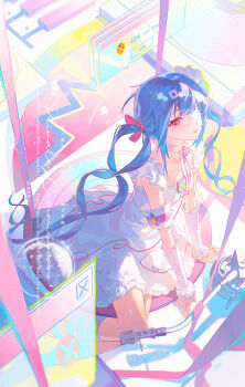 1girl absurdres blue_hair blunt_bangs bushi_feichai_qishi choker collarbone commission detached_sleeves dress eyelashes eyepatch frills gem highres long_hair long_sidelocks looking_at_viewer medical_eyepatch mihuashi_commission one_eye_covered original parted_lips pearl_(gemstone) pink_choker pink_eyes pink_ribbon ribbon sidelocks sitting solo twintails very_long_hair watermark white_dress window_(computing)