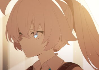 1girl ahoge blue_archive blue_eyes blue_necktie bulletproof_vest close-up closed_mouth collared_shirt from_side game_cg glowing glowing_eyes hair_between_eyes hair_ears heterochromia high_ponytail highres long_hair looking_ahead necktie non-web_source official_alternate_costume official_alternate_hairstyle official_art pink_hair ponytail school_uniform shirt spoilers tactical_school_uniform thick_eyebrows vest white_shirt yellow_eyes