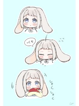 1girl :c animal_ears apple apple_rabbit apple_slice blush coro_(corota_5656) cropped_torso eating flying_sweatdrops food food_art fruit gakuen_idolmaster grey_hair highres holding holding_food holding_fruit hood hoodie idolmaster katsuragi_lilja kemonomimi_mode lop_rabbit_ears multiple_views rabbit_ears short_hair simple_background sneezing speech_bubble upper_body white_hoodie