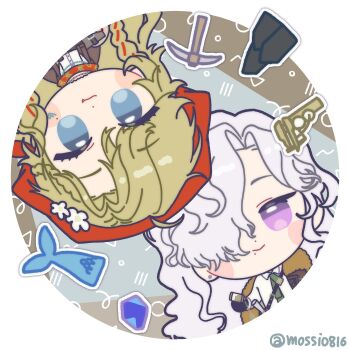 Rule 34 | 2girls, :3, blonde hair, blue eyes, blue gemstone, brown coat, brown jacket, chibi, closed mouth, coat, fang, fang out, fish, fur-trimmed coat, fur trim, gem, green necktie, grey background, hair over one eye, headscarf, highres, jacket, long hair, looking at viewer, mole, mole under eye, mole under mouth, mossi (mossi0816), multiple girls, necktie, one eye covered, pickaxe, purple eyes, red headscarf, red scarf, reverse:1999, rock, rotational symmetry, round image, ruler, scarf, shirt, smile, twitter username, upper body, upside-down, vila (reverse:1999), white shirt, windsong (reverse:1999)