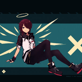 1girl arknights artist_name black_gloves black_pantyhose black_shoes commentary dated exusiai_(arknights) fingerless_gloves gloves hair_over_one_eye halo highres jacket looking_at_viewer orange_eyes pantyhose red_hair rnna shoes short_hair short_sleeves solo white_jacket