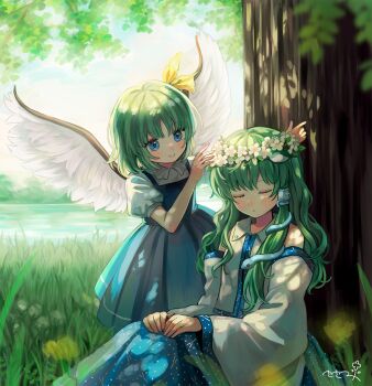 2girls against_tree blue_eyes blue_skirt blush closed_eyes closed_mouth collared_shirt commentary_request commission daiyousei day detached_sleeves dress feathered_wings flat_chest flower flower_wreath frog_hair_ornament green_hair hair_ornament hair_ribbon hair_tubes head_wreath highres kochiya_sanae long_hair long_sleeves looking_at_another multiple_girls on_grass outdoors pinafore_dress puffy_short_sleeves puffy_sleeves putting_on_headwear ribbon river sasami_(shiroi_fuwafuwa) shade shirt short_hair short_sleeves signature single_hair_tube sitting skirt sleeping sleeveless sleeveless_dress sleeveless_shirt smile snake_hair_ornament standing touhou tree under_tree white_shirt white_sleeves white_wings wide_sleeves wings yellow_flower yellow_ribbon