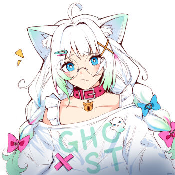 1girl aark_22 ahoge animal_ear_fluff animal_ears bell belt_collar blue_bow blue_eyes bow braid bright_pupils cat_ears closed_mouth collar collarbone commentary english_commentary fang fang_out frown hair_bow hair_intakes hair_ornament hairclip highres indie_virtual_youtuber jingle_bell long_hair looking_at_viewer low_twin_braids low_twintails mint_fantome mint_fantome_(otaku) multiple_hair_bows neck_bell parallel_hairclips pink_bow red_collar rimless_eyewear round_eyewear simple_background solo sweater twin_braids twintails upper_body virtual_youtuber white_background white_pupils white_sweater x_hair_ornament