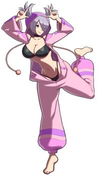 1girl angel_(kof) barefoot blue_eyes bodysuit breasts costume curvy feet feet_up female_focus hands_up huge_breasts large_breasts leg_up nibbon0808 pale_skin panties short_hair smile the_king_of_fighters thick_thighs thighs tiptoes underwear unzipped white_hair wide_hips zipper