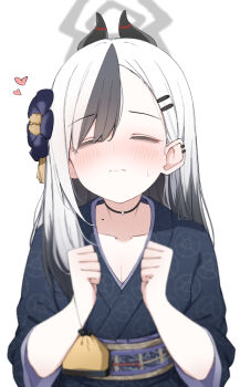 Rule 34 | 1girl, black hair, black horns, black kimono, blue archive, blush, breasts, cleavage, closed mouth, collarbone, ear piercing, flower, grey halo, hair flower, hair ornament, hairclip, halo, heart, highres, horns, japanese clothes, kayoko (blue archive), kayoko (new year) (blue archive), kimono, long hair, mole, mole on neck, multicolored hair, obi, official alternate costume, piercing, print kimono, sash, simple background, small breasts, solo, streaked hair, white background, white hair, yuukun mk-ii