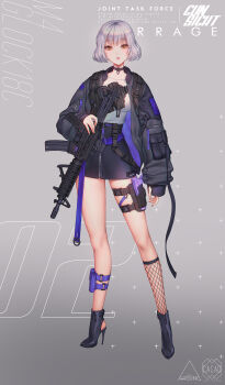 Rule 34 | 1girl, artist name, assault rifle, belt, black boots, bob cut, boots, breasts, carbine, choker, coat, eyelashes, female focus, fingerless gloves, fingernails, glock, gloves, grey background, grey hair, gun, handgun, high heels, highres, holding, holding weapon, holster, holstered, lips, long fingernails, long sleeves, looking at viewer, love cacao, m4 carbine, machine pistol, medium breasts, miniskirt, muzzle device, open mouth, original, pistol, pocket, rifle, scope, short hair, simple background, skirt, solo, standing, stiletto heels, thigh holster, thigh strap, weapon, yellow eyes, zipper