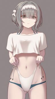 1girl absurdres alternate_costume bikini bikini_bottom_lift cameltoe collarbone contamination_(contami0813) cowboy_shot cropped_shirt expressionless gakuen_idolmaster gluteal_fold grey_background grey_hair hairband highres hiwatari_kanae idolmaster looking_at_viewer navel shaded_face shirt side-tie_bikini_bottom simple_background solo stomach swimsuit v-shaped_eyebrows white_hairband white_shirt